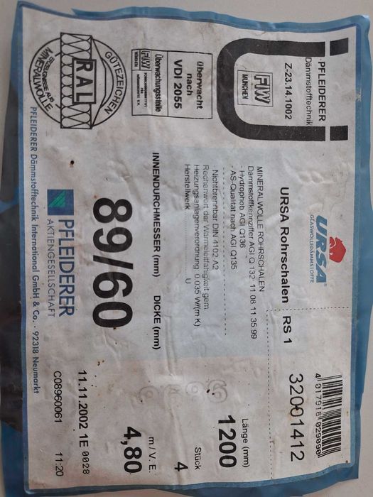 МИНЕРАЛНА ВАТА изолация за тръби 89/60