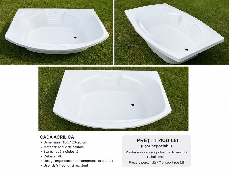 Cadă acrilică 180×120 cm – NOUĂ, nefolosită