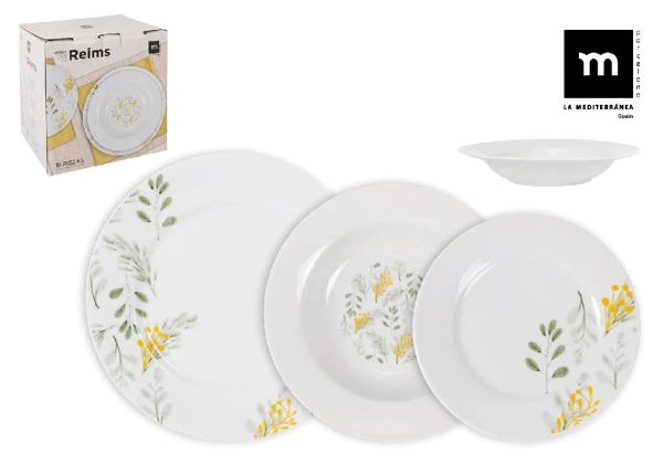 Set vesela masa Reims 18 piese, portelan decorat, rotund, Culoare Alb