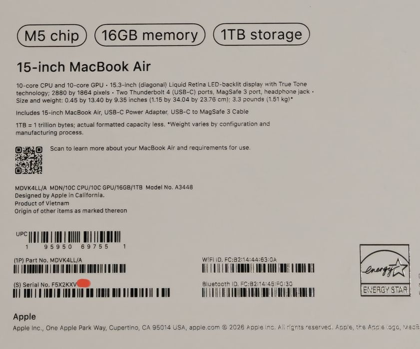MacBook Air 15 M5 16/1TB 2 цикла