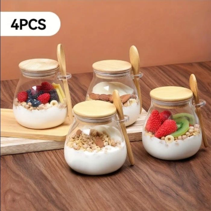 Комплект 4 стъклени бурканчета с дървени капачки и лъжички 340 ml