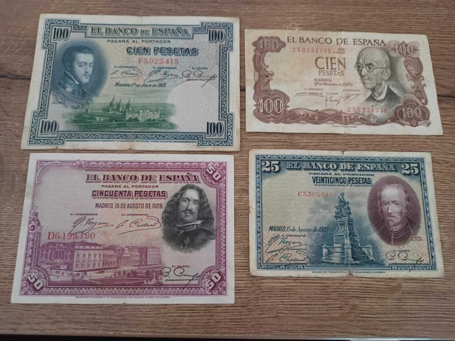 Bancnote vechi spaniole – Peseta (1925–1970), set 4 buc