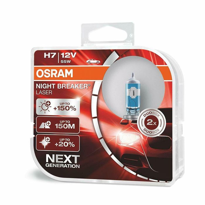 Set 2 becuri auto cu halogen pentru far Osram Night Breaker Unlimited H7 12V 55W +150% mai multa lumina, 64210NL-HCB, culoare 3750k, 1500lm