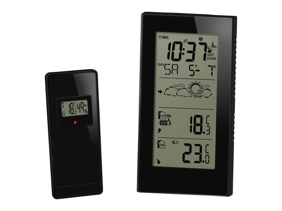 Termometru interior exterior, stație meteo wireless, ceas radiocomandat, culoare neagra; nou, sigilat, realizat Germania; performant calitate premium