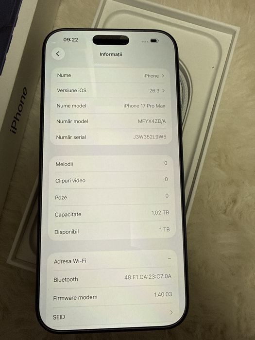 Iphone 17 Pro Max 1TB Gb Full Box Intrtinut 40 cicluri