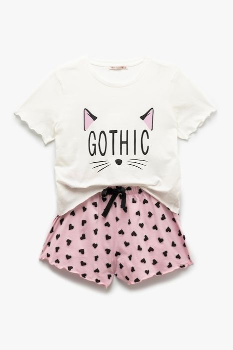 Pijama cu model si pantaloni scurti, Alb, Roz deschis, XL KOTON