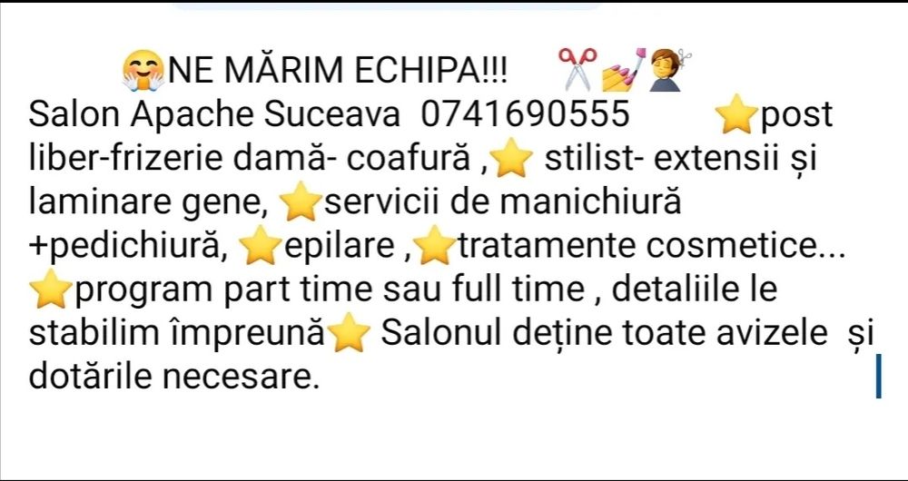 Post liber frizerie- coafură dame ,manichiură cosmetică..