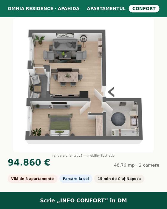 Apartament 2 camere, 49 mp, Apahida — vilă 3 ap., 15 min Cluj, 94.860€
