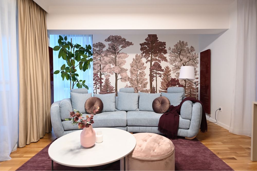 Canapea albastra fixa cu 2 fotolii