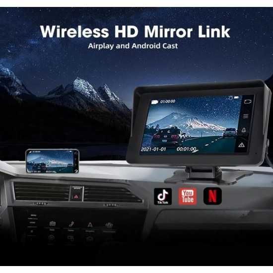 Преносим 7" безжичен CarPlay и Android Auto тъчскрийн с Bluetooth, GPS