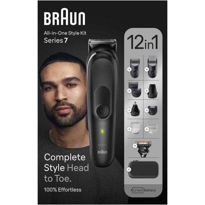 Aparat de tuns multifunctional Braun MGK7460, Wet&Dry, AutoSense, 12-in-1, 2 piepteni ficsi, 4 piepteni, 3 capete, 1 aparat de ras Gillette