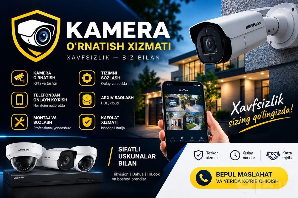 Kamera o‘rnatish | Videokuzatuv | Uy, ofis, do‘kon | Sifatli xizmat