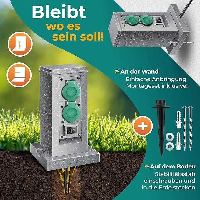 Градински контакт с колона със сензор за здрач, пластмасов разклонител