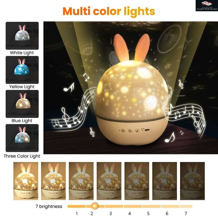 Нощна лампа за деца Планетариум, зайче с проектор и музика, Bluetooth