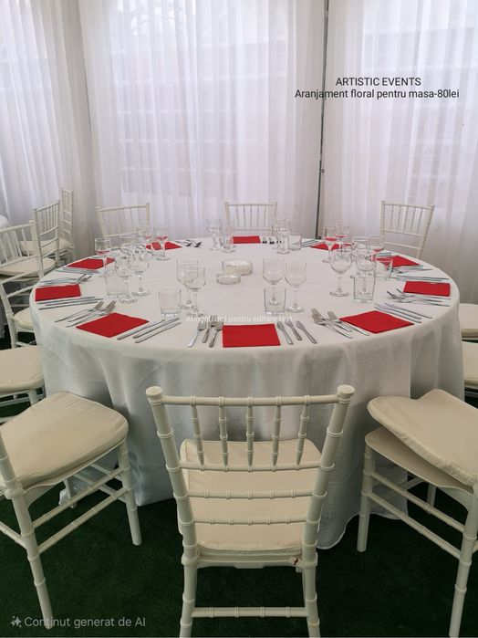 Mese rotunde,scaune chiavari,vesela,pavilioane,umbrele,aranjamente florale de inchiriat
