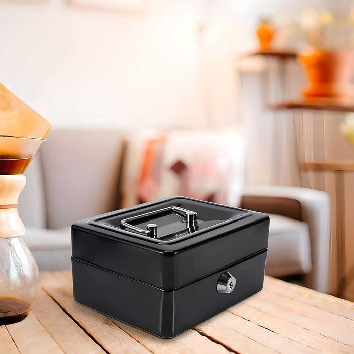 Cutie metalica pentru bani cu maner incuietoare si 2 chei 20x16x9 cm