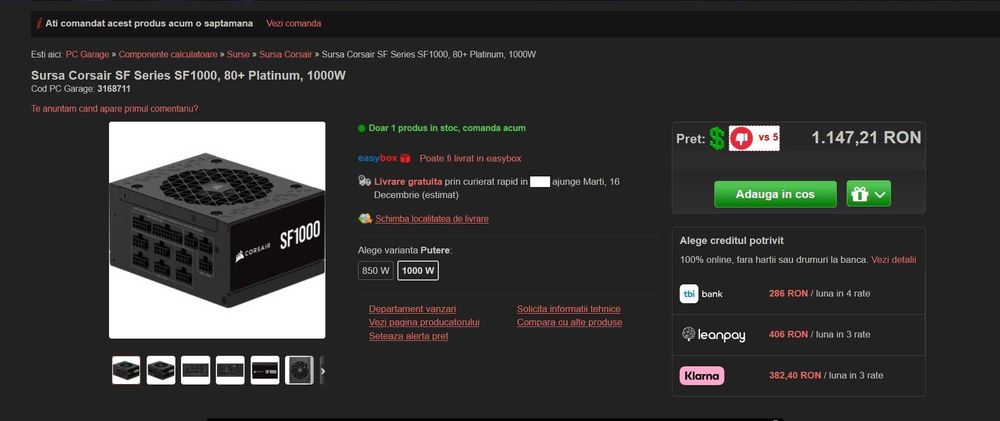 Sursa Corsair SF Series SF1000, 80+ Platinum 1000W