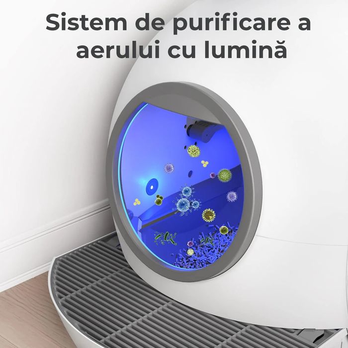 Litiera automata pentru pisica Fish & Paws,  functii de auto-curatare, eliminarea mirosurilor neplacute , aplicatie mobila, la achizitii Alb cu Gri