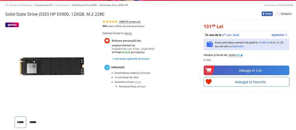 SSD HP EX900, 120GB, M.2 2280