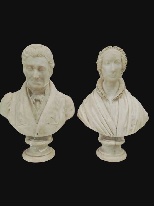Pereche Busturi Marmură Masivă Sec. XIX - "AMICITIA" -37 cm