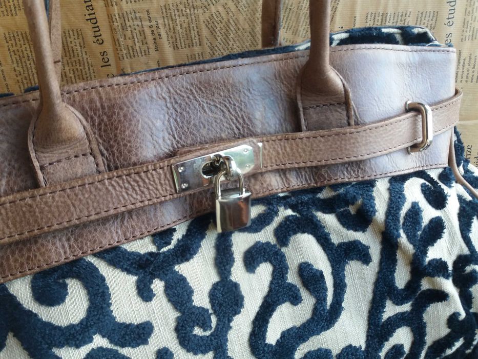 дамска чанта,голяма текстилна чанта с кожени дръжки-естествена кожа