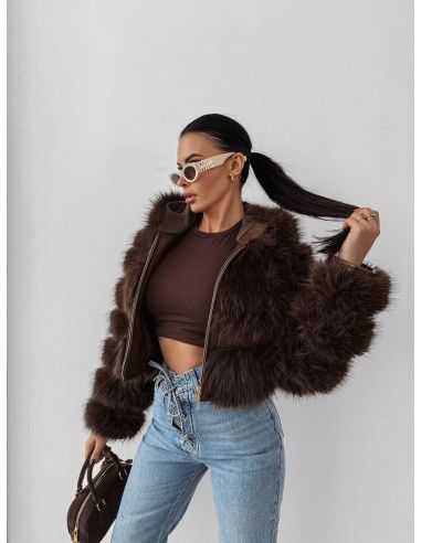 Дамско късо  пухено палто  в кафяво и черно