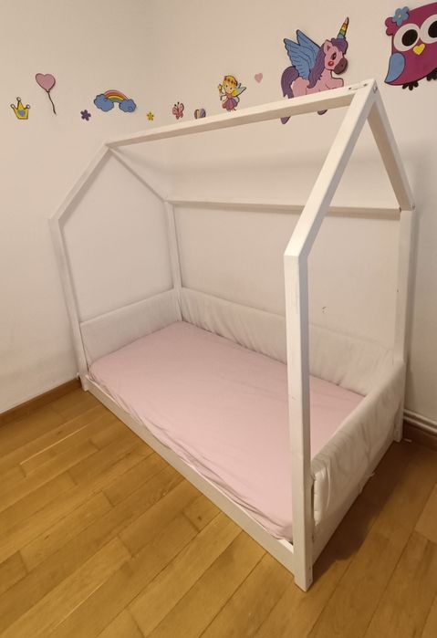 Pătuț Montessori tip căsuță + Saltea + Protecții Laterale