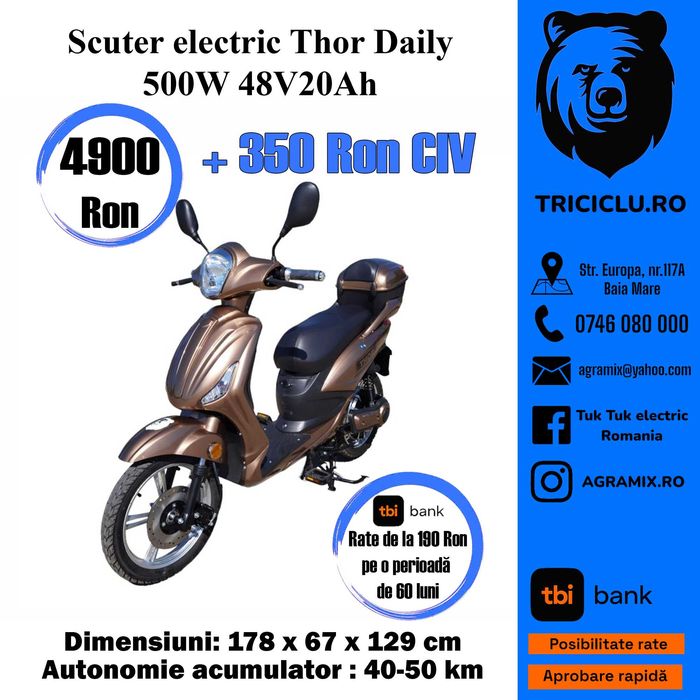 Scuter 100% electric Thor DAILY nou maro rosu alb Agramix
