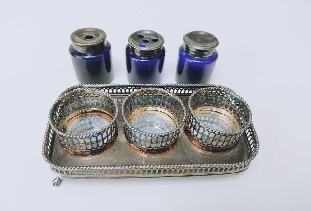 Veche calimara birou Sheffield, anii 1800, placata cu argint, cobalt