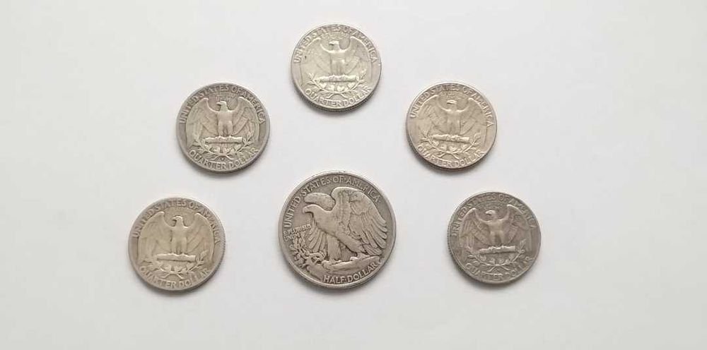 Сребърни монети, 5 броя четвърт долар + 1 брой половин долар 1945-1964