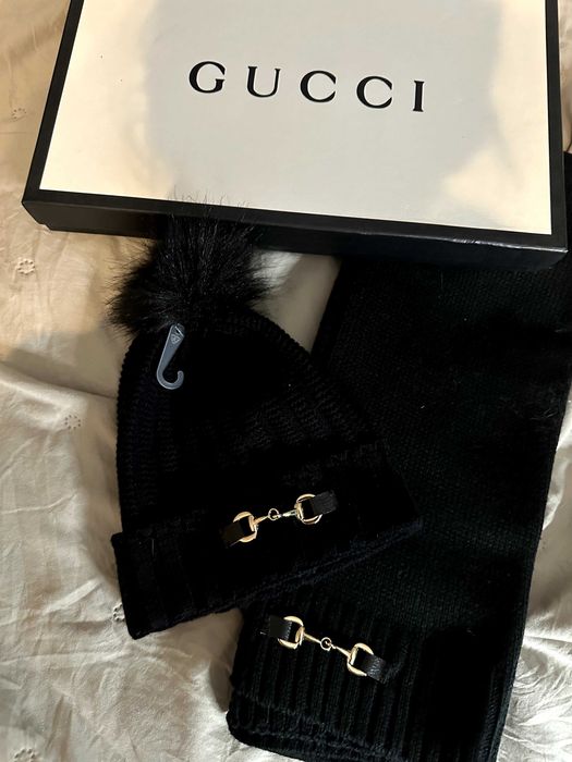 черен шал черна шапка сет комплект гучи плетени унисекс gucci нови