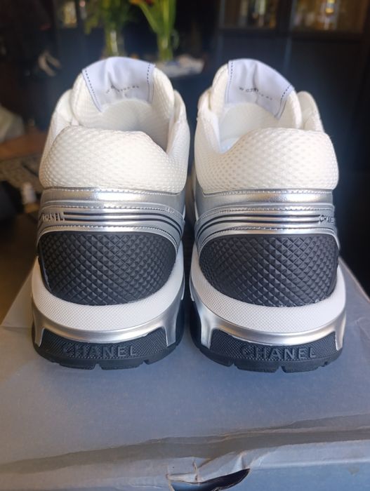 Chanel CC Logo Metallic Trainer White Silver