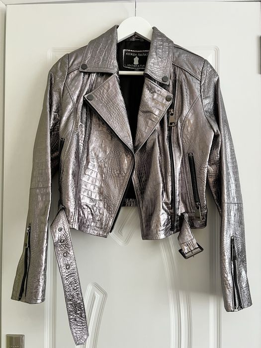 Дамско сребърно яке от естествена кожа