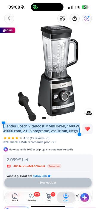 Blender Bosch VitaBoost MMBH6P6B, 1600 W, 45000 rpm, 2 L, 6 programe, vas Tritan, Negru