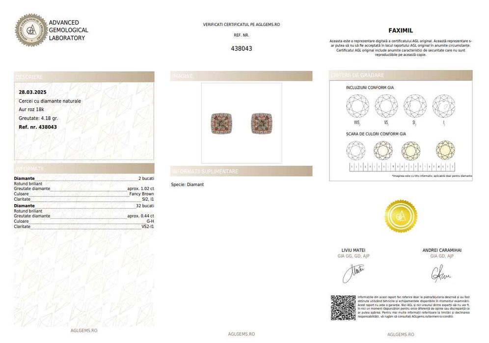 Pereche de cercei din aur roz, decorat cu diamante fancy brown și diamante briliante