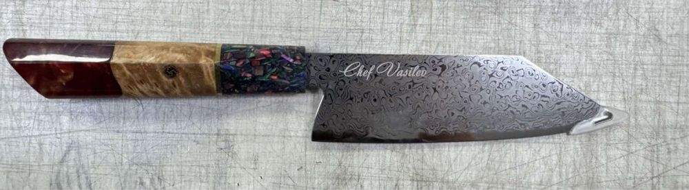Професионален  Нож Сантоку (Santoku) - Японска дамаска стомана + Опция  Гравиране на Надпис