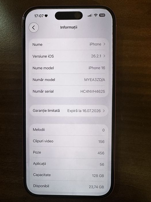 Vand iphone 16 roz 128 GB