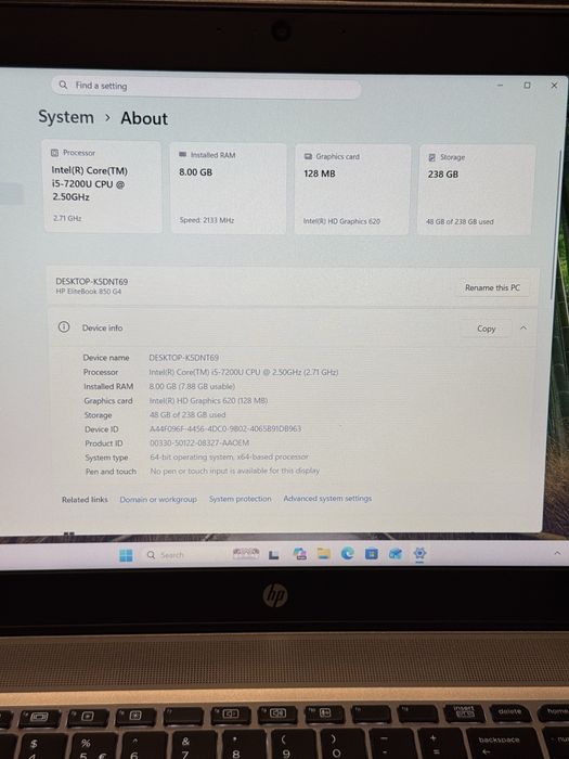 HP EliteBook 850 G4 / i5-7200U / 8GB RAM / SSD 256GB / Windows 11