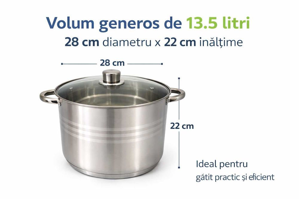 Oala inox 13.5 litri cu capac de sticla pentru gatit practic