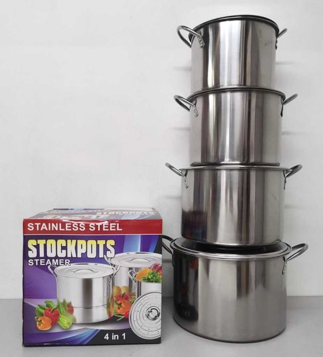 Комплект 4 броя тенджери Stockpots Голям капацитет Неръждаема стомана, Размери: 24/26/28/30 см, 5/7/8/10 литра,  Сребристи