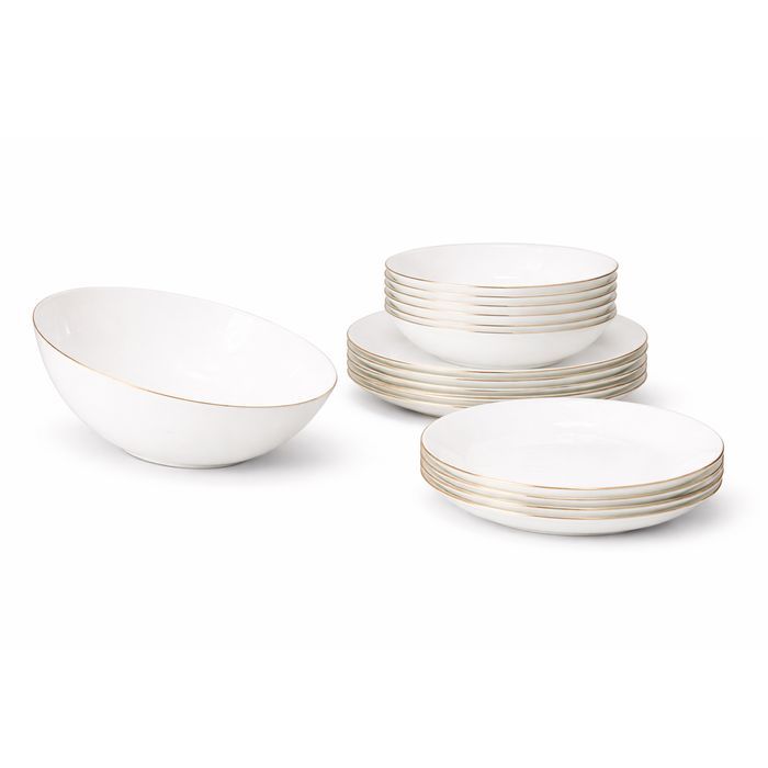 Set farfurii opal 19 piese, serviciu masa 6 persoane, alb, farfurii si bol servire incluse, model LINE, elegant, rezistent