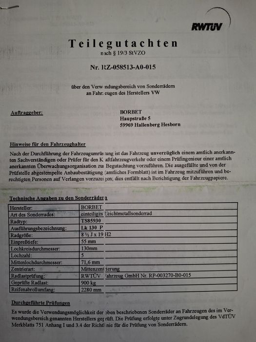 Borbet 8 1/2 J X 19 Touareg/Cayenne