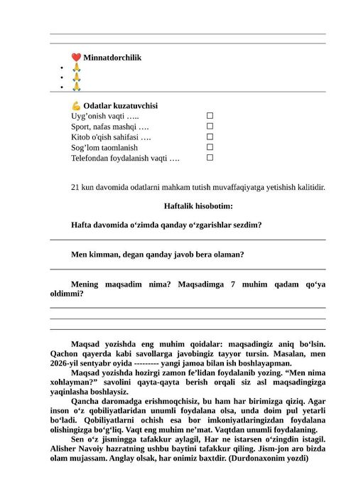 MUVAFFAQIYAT KUNDALIGI 21 kunlik odatlarni tuzish qo'llanmasi. Super!