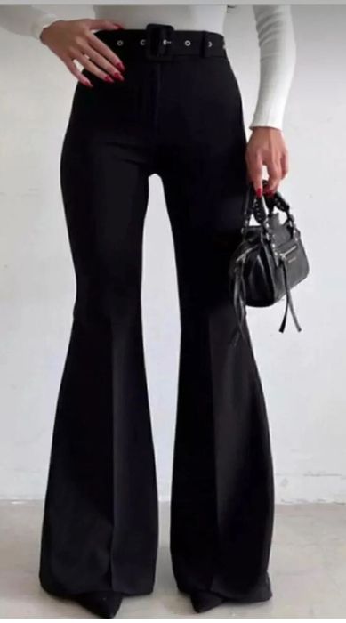 Черен панталон с висока талия и колан