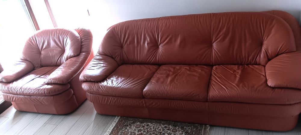 Set canapele si fotoliu din piele naturala roz somon