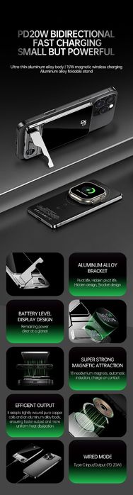 Baterie Externa Wireless MagSafe, Incarcare Rapida 20W Apple Watch, Suport Pliabil din Aluminiu, Display Digital LED, Design Slim Ultra-Subtire