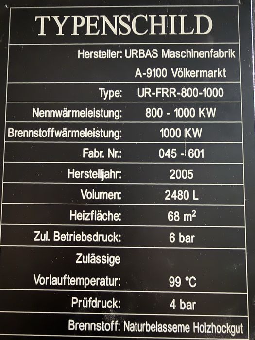 Cazan Industrial pe Tocătură de Lemn URBAS 1000 kW (1 MW) – An 2005