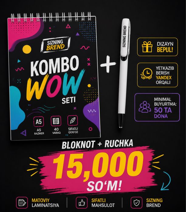 Brendingiz tushirilgan A5 bloknot + Ruchka. Kombo Wow set