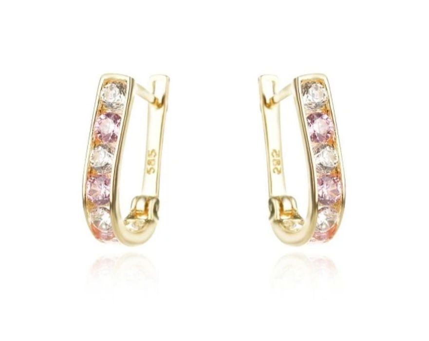 Златни обеци с Цирконий и Розов Кварц 1.17гр-14к