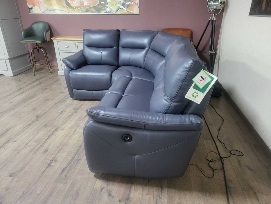 ПРОМОЦИЯ!!! Син кожен ъглов диван "Albion" с ел. релакс механизъм